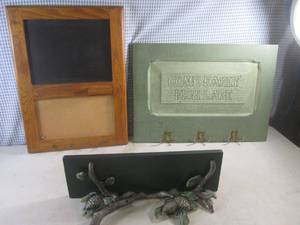 lot 58 image: (EW4) Come Early Fish Late Coat Rack, ChalkCork Board with Key Chain Hooks and Wall Decor Shelf