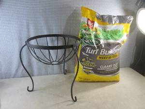 lot 61 image: (A-1) Large Bag of Scott Turf Builder Weed & Feed and Metal Plant Stand
