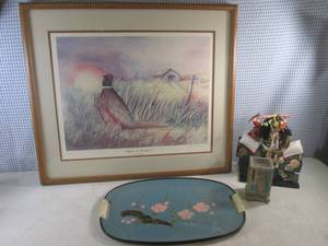 lot 67 image: (FS) Framed Signed and Numbered Loretta Meyer Silence at Sundown Print 2861000 - 28 18 x 24 14 and Vintage Tilso Japanese Serving Tray Etc