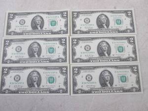 lot 78 image: (CNTR) 6 Uncirculated Sequential $2 Bills