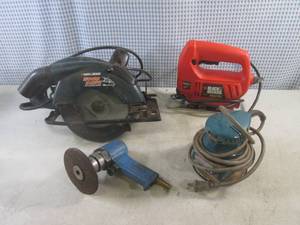 lot 147 image: (A-2) Black & Decker Electric Circular Saw and Jig Saw, Makita Electric Finishing Sander and Florida Pheumatic Air Ginder