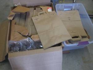 lot 168 image: (FRNT) Large Box and Tote Full of Kraft Grocery Bags with Handles