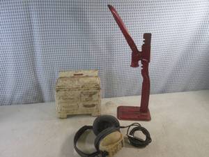 lot 169 image: (BS) Vintage Pressed Steel Stove Toy, Bottle Cap Press and Headphones (K-Mart)