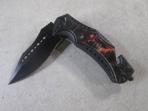 lot 209 image: (CNTR) Skull Design Spring Assist Folding Knife with Belt Clip - 5 Closed  8 12 Open - New In Box