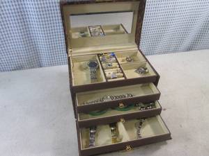 lot 223 image: (CSB) Locking Jewelry Box with Assorted Rings and Watches Etc Keys Included