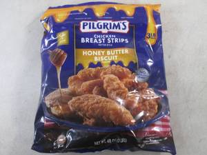 lot 255 image: (FRZ) 3 Pound Bag Frozen Chicken Breast Strips Fritter Style Honey Butter Biscuit Flavor Past Date