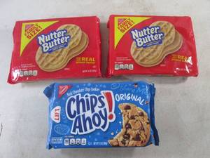 lot 281 image: (B-1) 3 Packs of Cookies 2 Nutter Butter 1 Chips Ahoy Best by Vary May-July 2024
