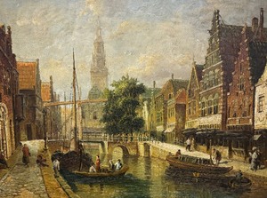 lot 45A image: After E. A. Hilverdink - Amsterdam Canal Scene Original Oil on Board Painting