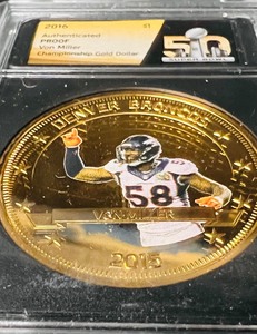 lot 233 image: 2016 Denver Broncos Peyton Manning Fiji 24kt Gold Dollar Coin Super Bowl 50