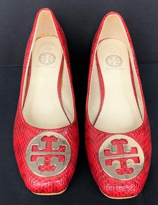 lot 82 image: Tory Burch Shoes Double Logo Embossed Snakeskin Red Womens Shoes