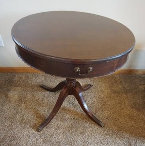 lot 201 image: Vintage Furniture...1950s Mersman() Round Wood Drum Table Metal Claw Feet...