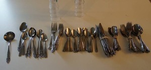 lot 221 image: Small Housewares...Assorted Silverware, Plastic Champagne Glasses NIB