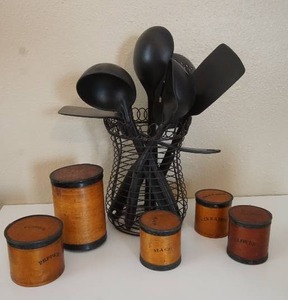 lot 7 image: Antique Pine Bentwood and Tin Rimmed Spice Containers Circa 1858...
