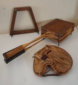 lot 8 image: Vintage Wood Badminton Rackets wWood Racket Holder, Vintage Rawlings Catchers Mitt...