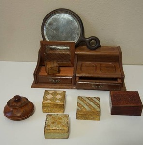 lot 46 image: Vintage Valet-Style Jewelry Box Caddy, Florentine Gold Wood Ornate Gilt Trinket Box(s) Made in Italy, Wood Box from Jerusalem Etc.
