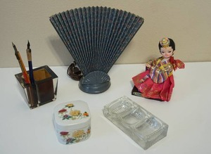 lot 48 image: Vintage Art Deco Revival Fan Lamp Clamshell Lamp 1980s, Flint Glass Triple Master Spice Salt Cellar, Hand Painted Porcelain Trinket, Korean Big-Eyed Mod Stockinette Bradley-Style Doll...