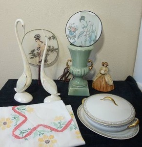 lot 49 image: Ceramic Pearlescent Crane Bird Pair Vintage Mid Century Modern Hand Painted, Doll Figure, Table Linen, Covered CasserolePlatter Set, Japanese DeCor Fans, Vase Urn-Style Lamp Base,