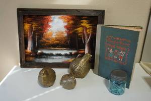 lot 56 image: Vintage Fireside Folk Songs HC Book, Blue Ball Jarlid, Oil on Canvas, Brass Cast Quails 