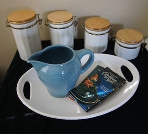 lot 65 image: Ceramic White Canister Set, Oval Handled Serving Platter, Blue Pitcher and Vintage Entertaining Cookbooks...