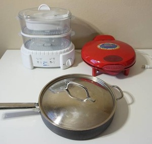 lot 68 image: Professional Quality Members Mark Fry Pan with Lid, Santa Fe 12 Countertop Quesadilla Maker QM2SFR Red Salton, Oster 4711 Electric Steamer