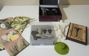 lot 73 image: More Wine Stuff...Rabbit Wine Preserver Sterling Lever Vacuum Pump 2 Push Stoppers Metrokane, Hand Towels...
