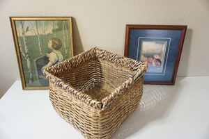 lot 74 image: Spring Song by Simon Glcklich Framed Antique Print, Girls on the Seashore Print,1920sVintage Woven Wicker Basket