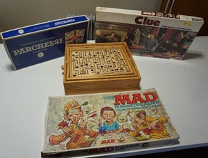 lot 164 image: Vintage Games...The MAD Magazine Game, Parcheesi, Clue and The Old Wooden LABYRINTH Patience Game