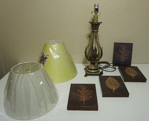 lot 176 image: Vintage Table Lighting...Table Lamp Tall Ornate Metal Palm Leaf Style, Leaf Wall Art, Lamp Shades