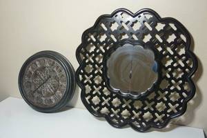 lot 177 image: Large 29-Inch Round Scalloped XOXO Black Mirror, 17-Inch Round Roman Numeral Clock