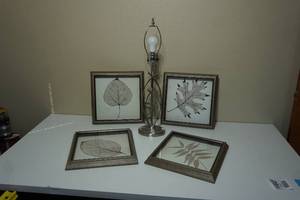 lot 182 image: Home DeCor and Lighting...Modern Art Deco Polished Steel Table Lamp Light, Framed Leaf Wall Art...