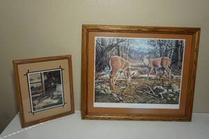 lot 183 image: Signed Art...The Edge of Winter Artist Signed 1984 By Edward R. Sprafka, RF Harnett Decoys on Desk Folk-Art Framed Print...