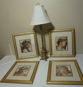 lot 185 image: Home DeCor...Table Lamp Art Nouveau-Style Lighting, Four Grouping Wall Art Michelangelo Creation of Adam, Ignudo from Sistine Chapel, Antonello Mirone, Delphic Sibyl Portraits Sistine Chapel