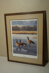 lot 187 image: Wall Art...Daniel Smith Signed 1988 Evening Trio Canadian Geese 1989 Minnesota Ducks Unlimited Sponsor Print Signed Art Framed