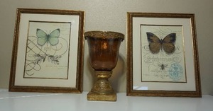 lot 188 image: Gorgeous Large Hurricane Candle StandHolder Amber Glass Gold Crown Two-Piece Stand, Beautiful Matching Butterfly Prints...