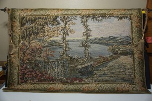 lot 190 image: Vintage Wall Art...LARGE Tapestry Wall Hanging Lined Italian Lake Como Terrace Balcony Scene