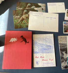 lot 101 image: Ephemera pamphlets postcards, dinosaur land, Utah, red rock, nature trail, hard covered dinosaurs book by Dr. Stanley and Barbara Brown 1950 80 yeah