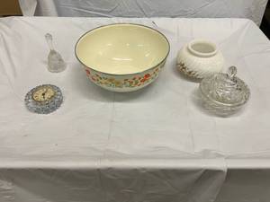 Crystal Clock, Platter & Candy Dish & Melemine Bowl