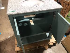 Hamilton 31 in. W x 22 in. D x 35 in. H Single Sink Freestanding Bath Vanity in Sea Glass with Gray Granite Top by Home Decorators Collection Customer Returns See Pictures