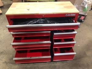 Husky 42 in. W x 18.1 in. D 8-Drawer Red Mobile Workbench Cabinet with Solid Wood Top  Customer Returns See Pictures
