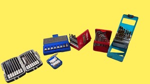 lot 31 image: Cornwell 8 PC Socket Set, Blue Point 6 Power Bit Set, 15pc hex key set, Matco drill bits, Masonry drill bits, small box with bits.