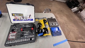 lot 40 image: Gear Driver Socket driver kit, Oil filter end caps, chrome sockets, power bit set and one other item