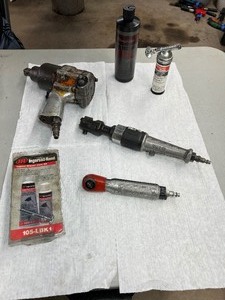lot 37 image: Vintage impact wrench, Snap-on Air Ratchet  Matco 38 Air Ratchet, IR Impact wrench care kit, air ratchet grease, Motor Oil