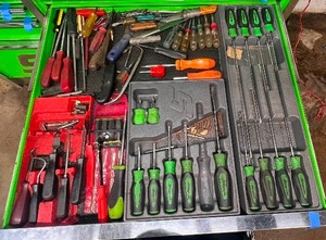 lot 11 image: Snap-on Long handled picks, screwdrivers, brake spring tool, ratcheting screwdriver, Vintage Craftsman Nut Drivers.