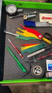lot 19 image: Hardware, brake gauge sets, Blue-point tire gauge meter, cotter pin assortment, Solar battery & system tester, and more