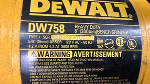 lot 4 image: Dewalt DW758 8-inch Bench Grinder, 34 HP, 3,600 rpm induction motor