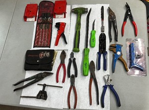 lot 45 image: Snap-on 8 Pry Bar, ball peen dead blow hammer, screwdrivers, picks Grote Cable Tie Twister Tool, pliers, wire strippers