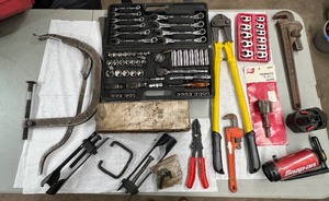 lot 48 image: Vintage Clark Valve Spring Compressor Snap-on Flare Nut Wrenches, Hose Clamp Pliers, Power Inverter, high capacity battery 10 & 18 Pipe Wrenches