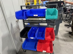 lot 94 image: Akro Mils Two-Sided Rolling Bin Storage Rack with 17 Bins