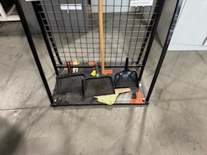 lot 133 image: Stationary Broom Rack with Brooms and Dust Pans