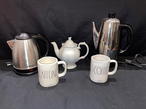 2 Electric Coffee Pots, Crockery mugs and teapot